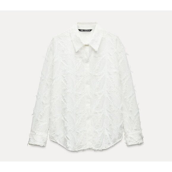 Zara White Fringe Textured Button-Up Shirt L Long Sleeve Feather Pattern READ ME - Picture 1 of 7